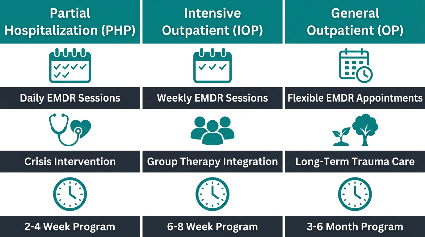 Infographic showing three columns for Partial Hospitalization, Intensive Outpatient, and General Outpatient programs at Rosewood Recovery, each with three labeled icons for EMDR therapy levels.
