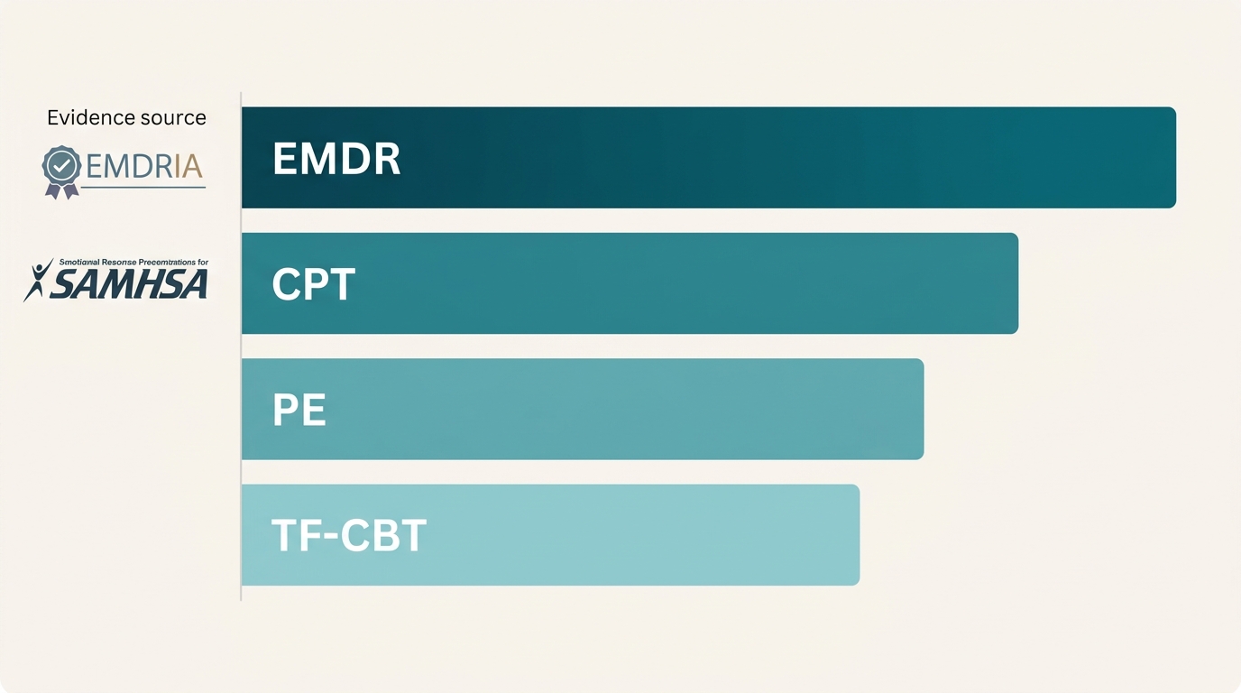 Horizontal bar chart comparing average session counts for four trauma therapies: EMDR, CPT, PE, and TF-CBT, with teal gradient bars and evidence source legend from EMDRIA and SAMHSA.