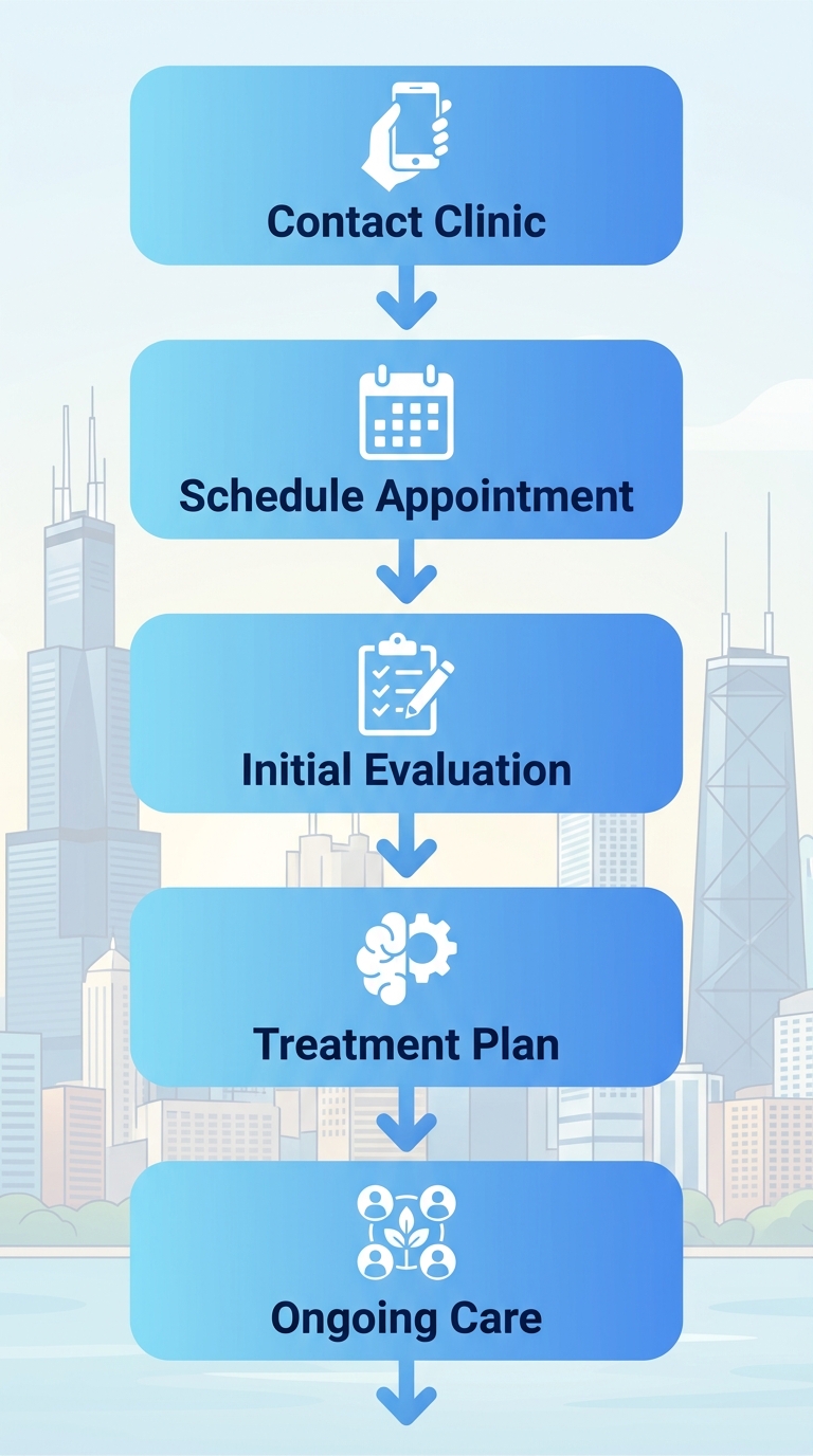Vertical process flow diagram showing five steps of psychiatric care journey at YOU Psychiatry Clinic: Contact Clinic, Schedule Appointment, Initial Evaluation, Treatment Plan, and Ongoing Care, with blue gradient stages and downward arrows.