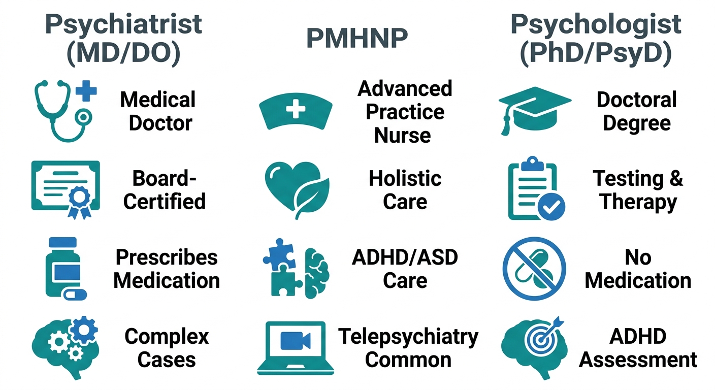 Infographic comparing three psychiatric provider types: Psychiatrist, PMHNP, and Psychologist, with four distinct features each.