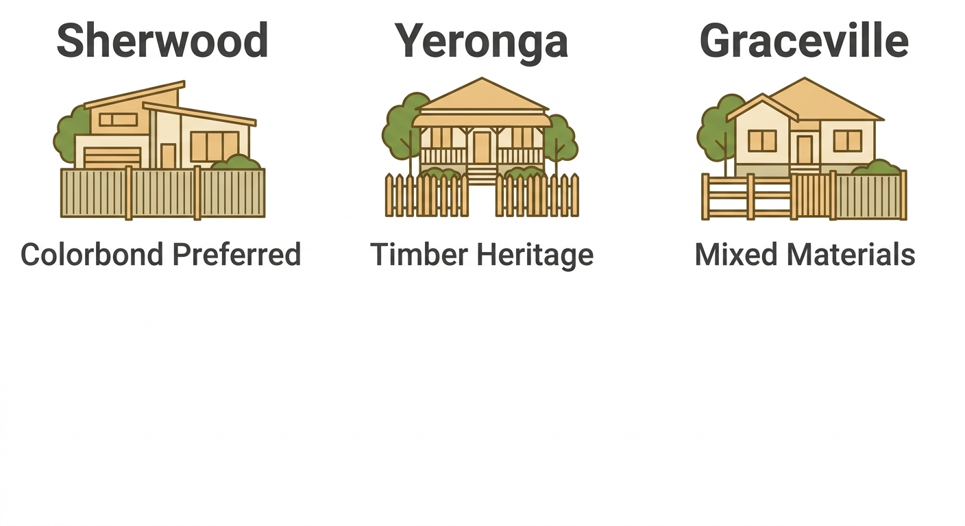 Infographic comparing fencing preferences in Brisbane suburbs: Sherwood favors Colorbond, Yeronga prefers timber heritage, and Graceville uses mixed materials.