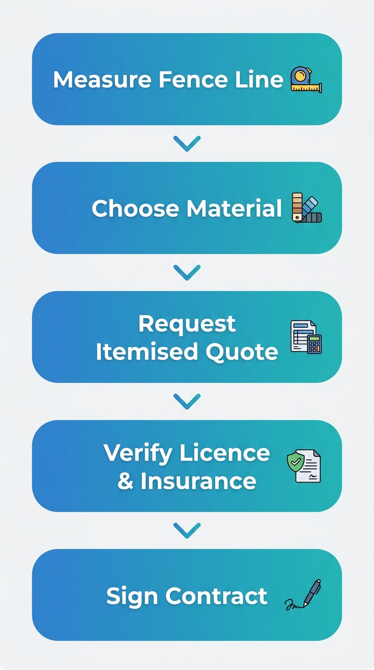 Five-step vertical process flow diagram for getting a fence installation quote from RJ Fencing Brisbane, showing steps from measuring fence line to signing contract.
