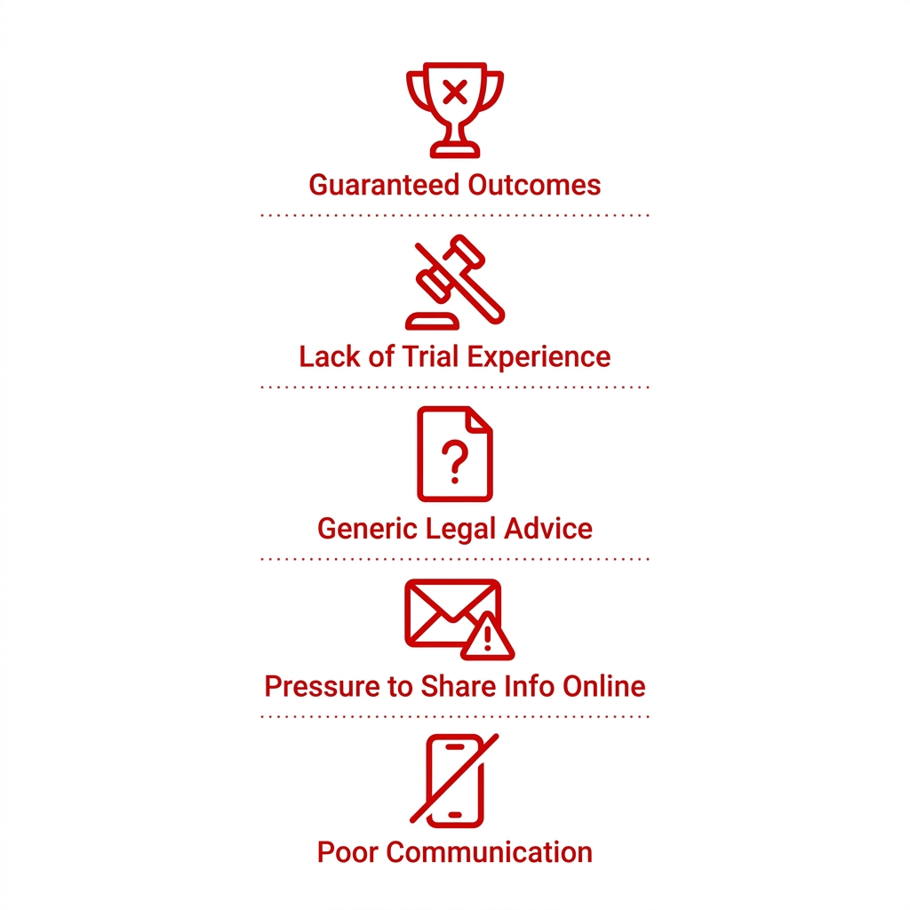 Five red outlined warning icons labeled Guaranteed Outcomes, Lack of Trial Experience, Generic Legal Advice, Pressure to Share Info Online, and Poor Communication, arranged vertically on white.