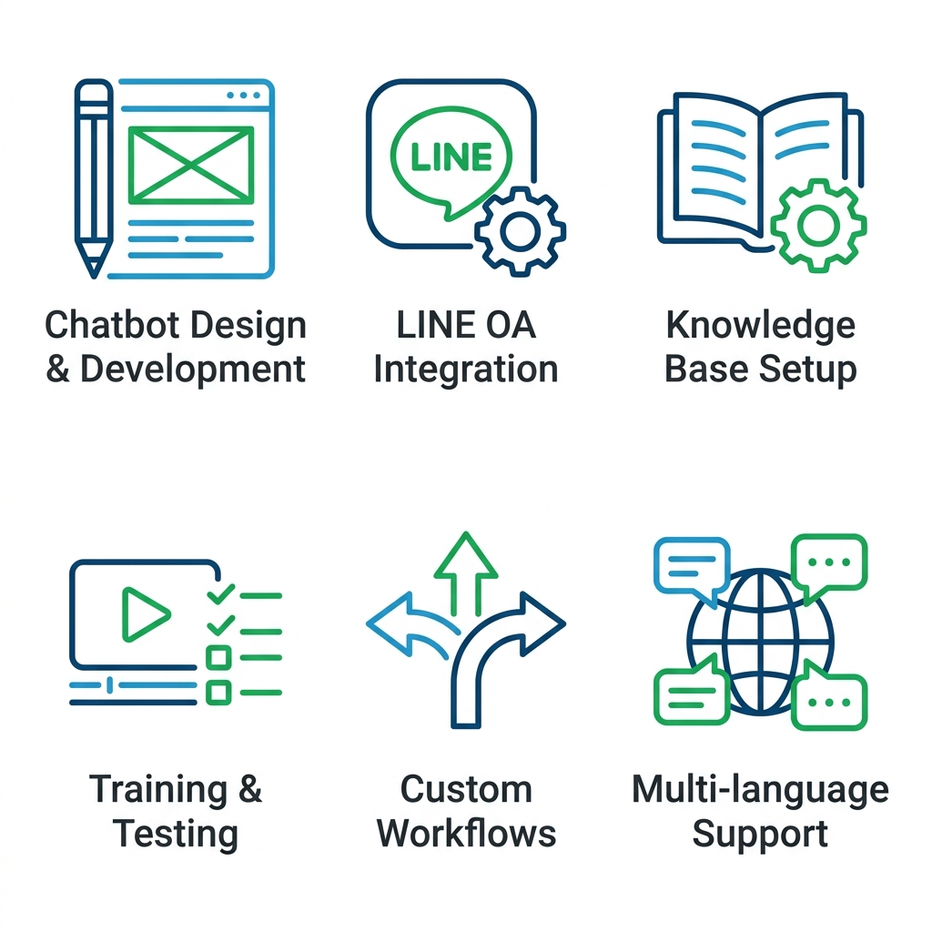 Icon set displaying six blue and green outlined AI chatbot services -- Chatbot Design & Development, LINE OA Integration, Knowledge Base Setup, Training & Testing, Custom Workflows, and Multi-language Support -- with dark grey labels on a white background