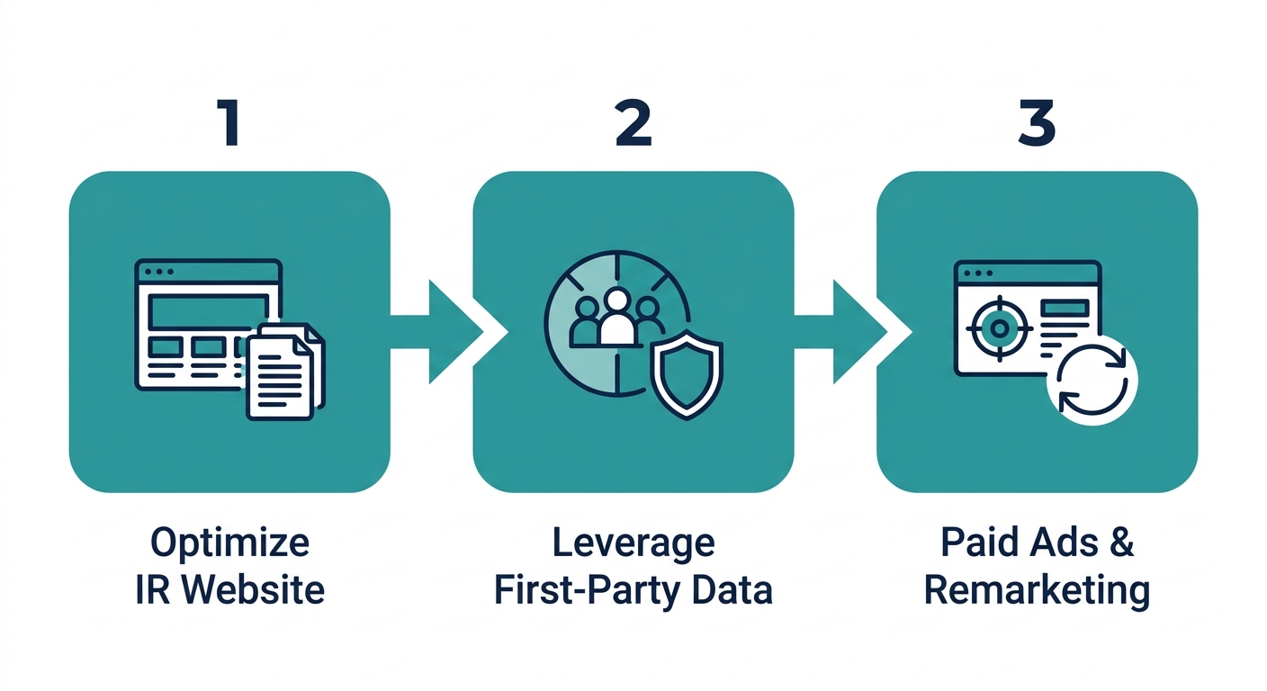 Horizontal process flow showing a three-step investor relations digital strategy: optimize IR website, leverage first-party data, and deploy paid ads and remarketing, with numbered teal boxes and navy labels.
