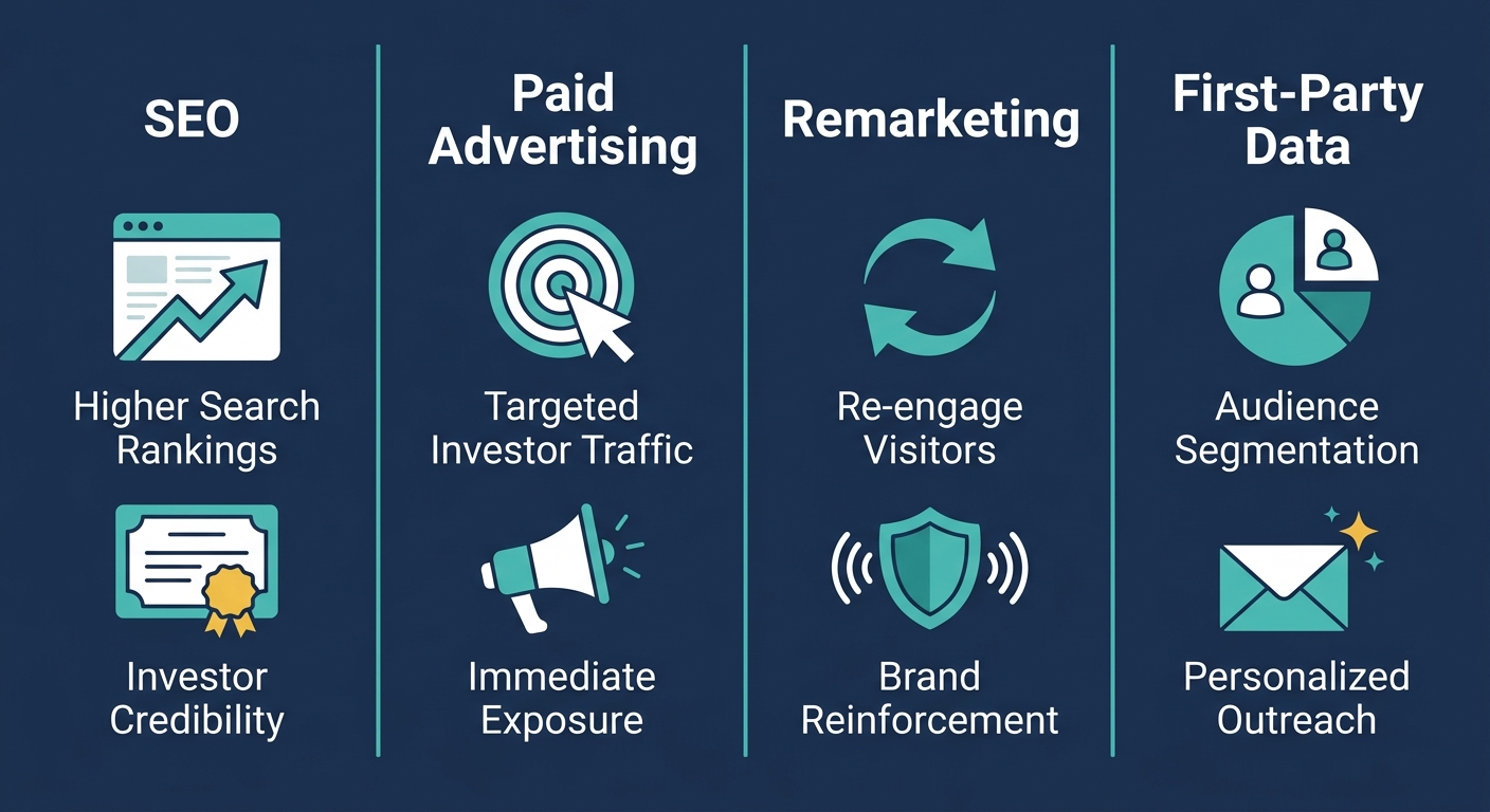 Infographic comparing four digital channels: SEO, Paid Advertising, Remarketing, and First-Party Data, each with two benefit labels and matching flat icons.