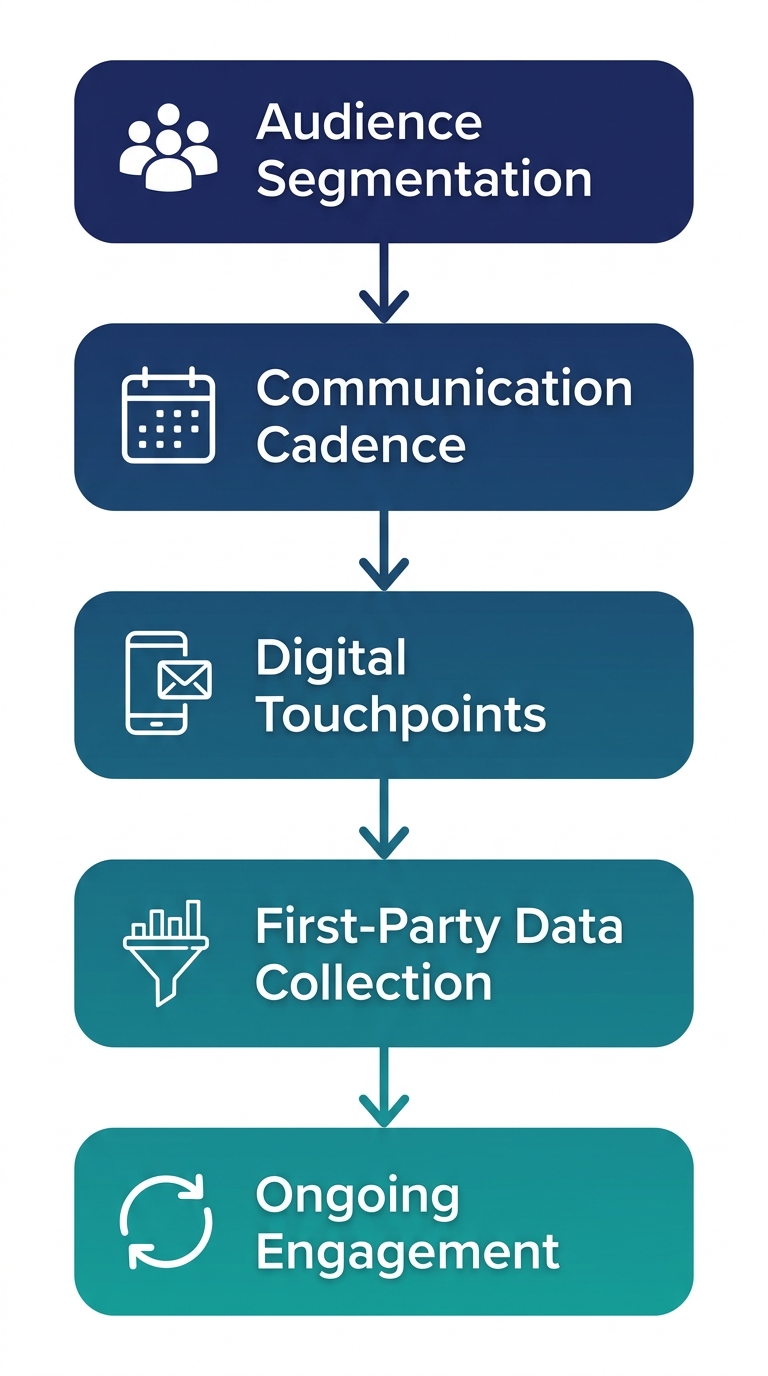 Vertical process flow diagram showing five connected stages of a shareholder engagement strategy, from audience segmentation to ongoing engagement, with icons and downward arrows on a navy to teal gradient.