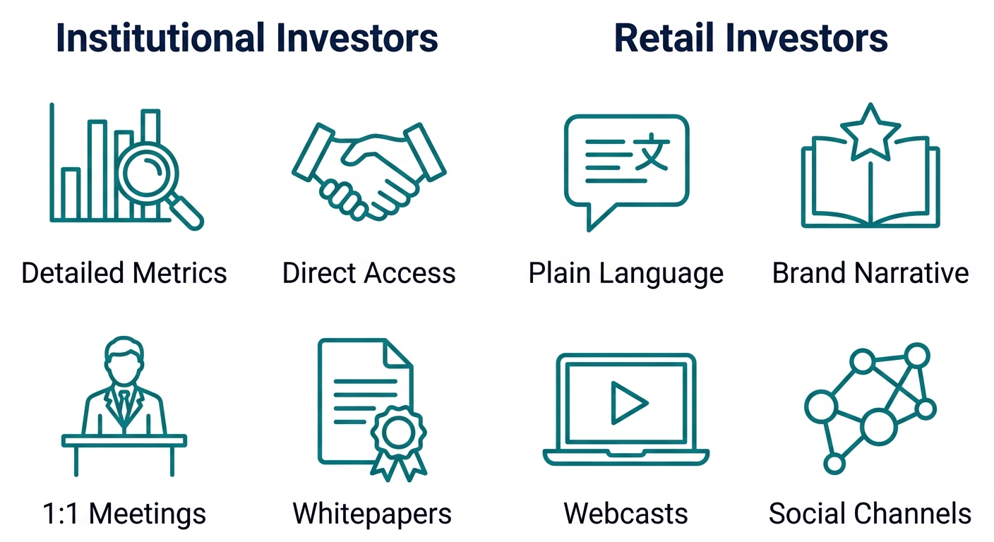 Two-column infographic contrasting engagement approaches for institutional investors (Detailed Metrics, Direct Access, 1:1 Meetings, Whitepapers) and retail investors (Plain Language, Brand Narrative, Webcasts, Social Channels) on a clean white background with navy headers and teal outlined icons.