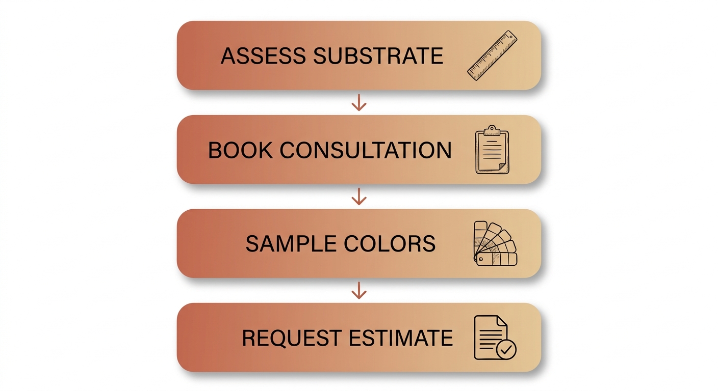 Vertical process-flow diagram of four planning steps for a Tadelakt plaster project in Los Angeles: assess substrate, book consultation, sample colors, and request estimate, shown in terracotta-to-warm-beige gradient cards