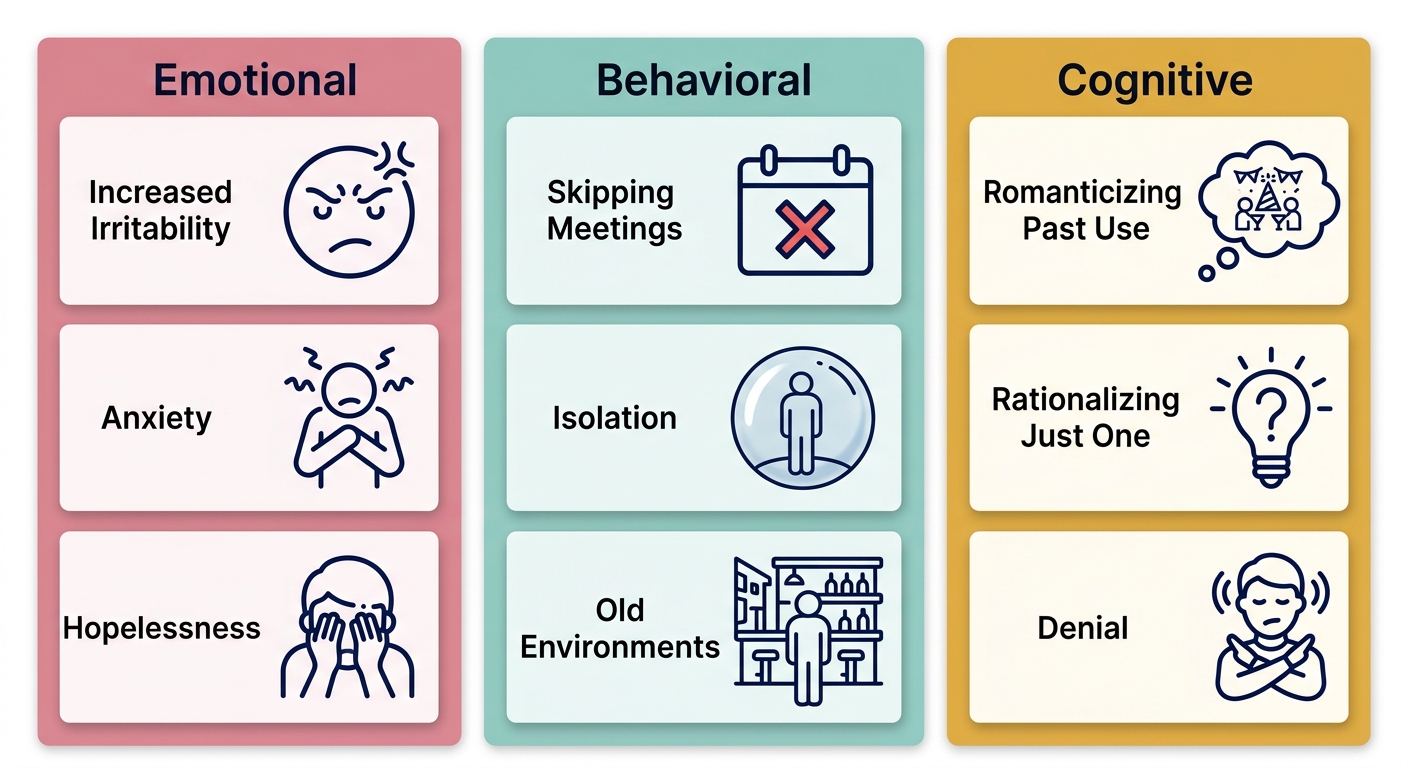 Three-column infographic listing emotional, behavioral, and cognitive relapse warning signs with outlined icons and short labels.