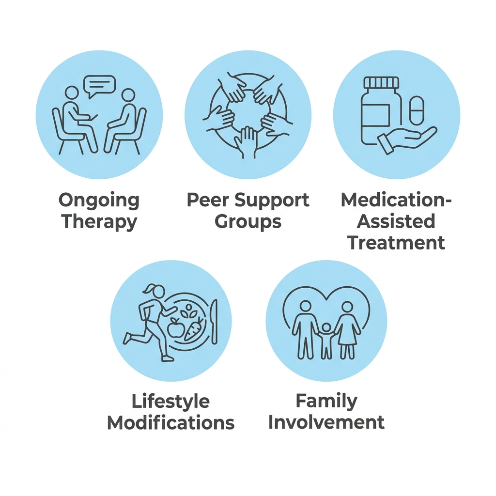 Five flat outline icons in soft sky-blue circles on a white background, labeled Ongoing Therapy, Peer Support Groups, Medication-Assisted Treatment, Lifestyle Modifications, and Family Involvement.