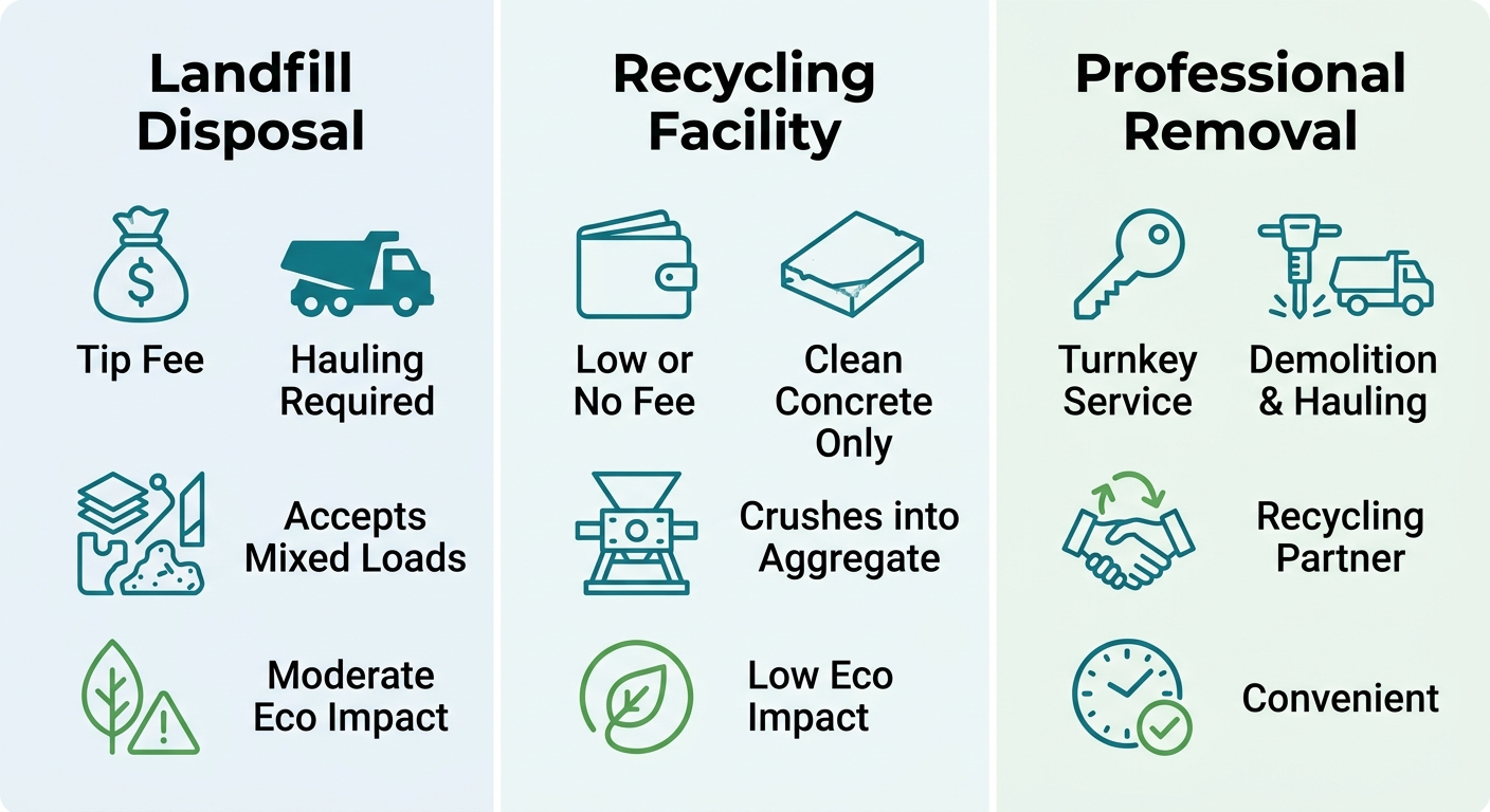 Three-column infographic comparing Albuquerque concrete disposal options: Landfill Disposal, Recycling Facility, and Professional Removal, each with four labeled line icons.