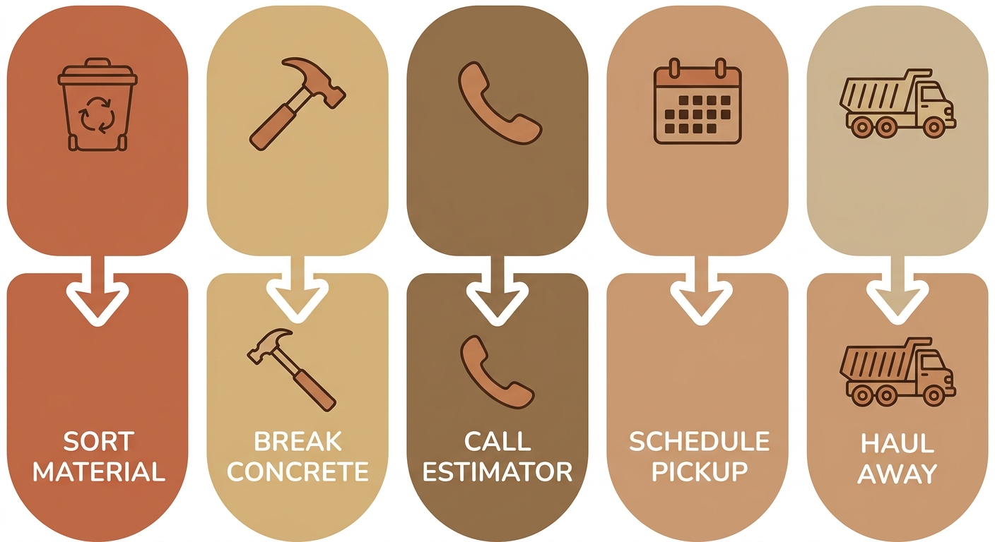 Vertical process diagram showing five steps to arrange concrete disposal in Albuquerque, with icons for sorting, breaking, calling, scheduling, and hauling away, in a warm earth tone palette.