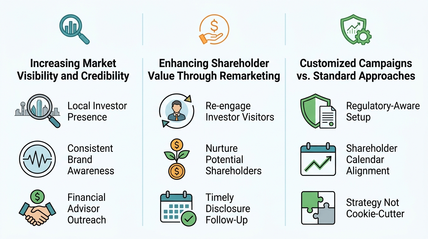 Three-column infographic for small-cap investor marketing in Dallas covering market visibility, shareholder remarketing, and customized campaign benefits