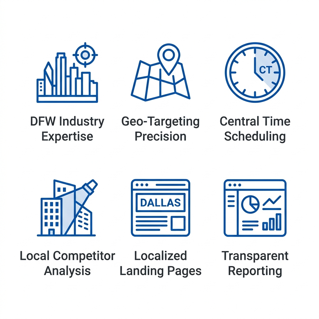2x3 grid of flat outlined icons in blue on white, each labeled: DFW Industry Expertise, Geo-Targeting Precision, Central Time Scheduling, Local Competitor Analysis, Localized Landing Pages, Transparent Reporting.