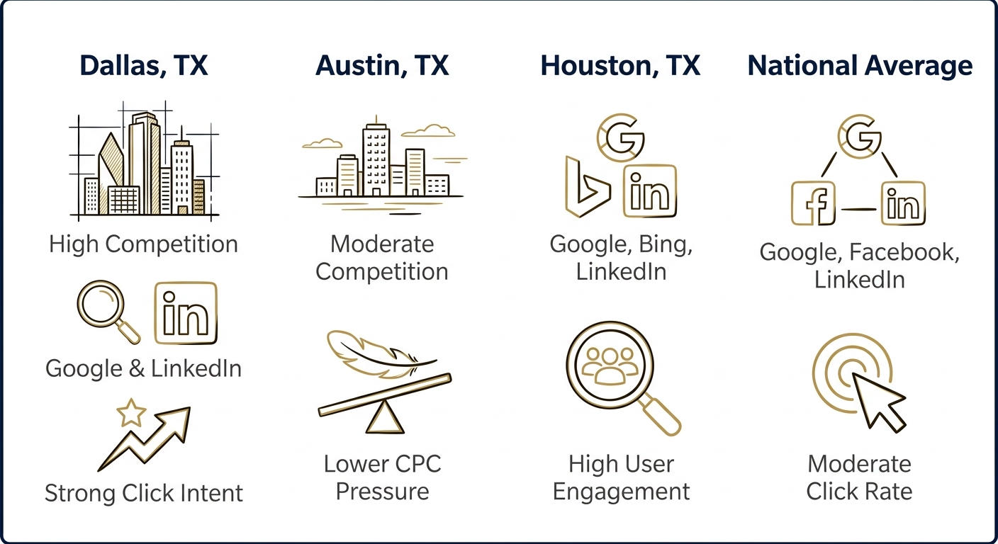 Infographic comparing paid advertising competition, platforms, and click intent across Dallas, Austin, Houston, and the national average