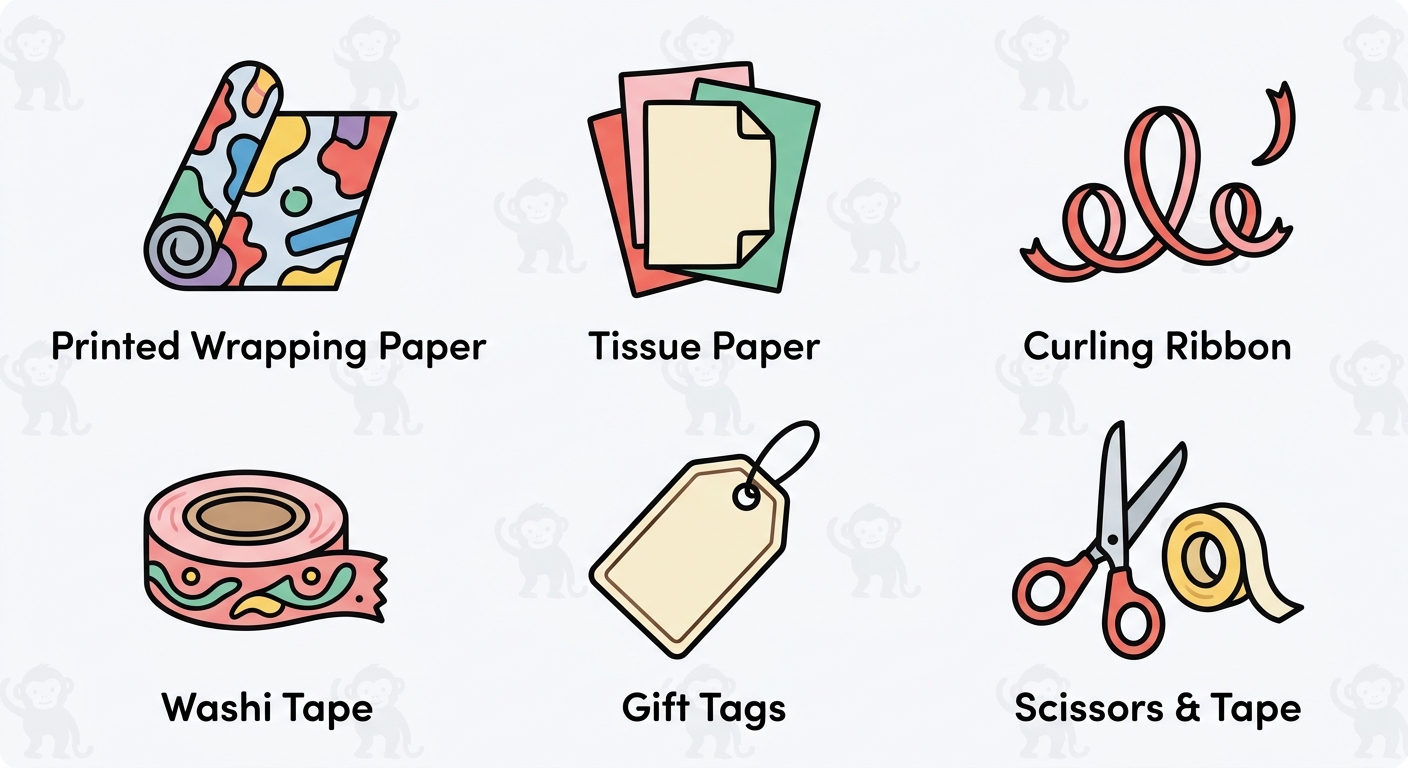 Icon set showing six gift-wrapping supplies: printed wrapping paper, tissue paper, curling ribbon, washi tape, gift tags, and scissors with tape