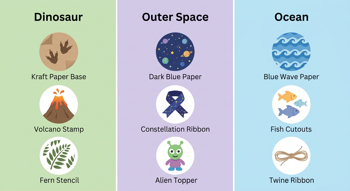 Three-column infographic comparing dinosaur, outer space, and ocean gift wrapping themes with playful icons and short labels under each wrapping element.