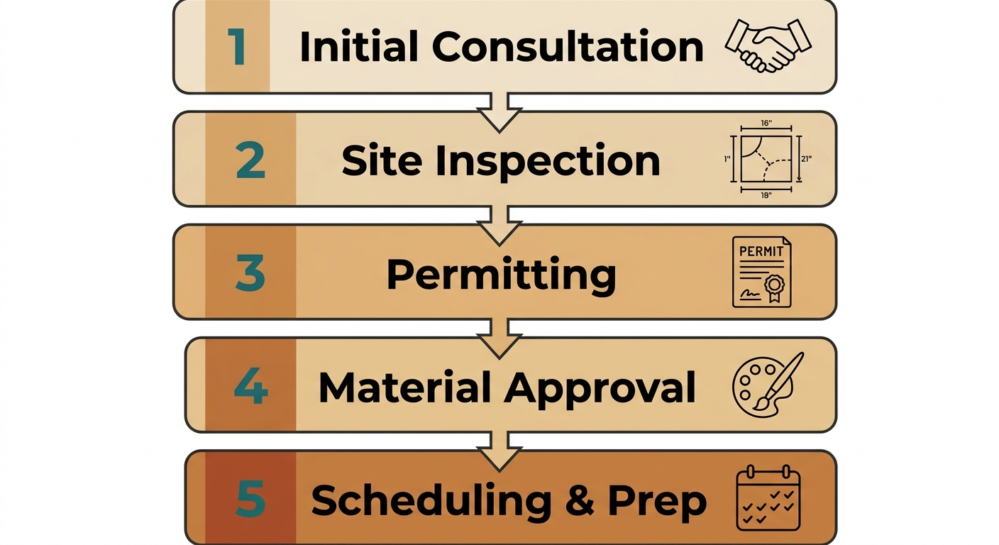 Vertical process flow with five connected stages for starting a concrete project in Albuquerque: initial consultation, site inspection, permitting, material approval, and scheduling and prep