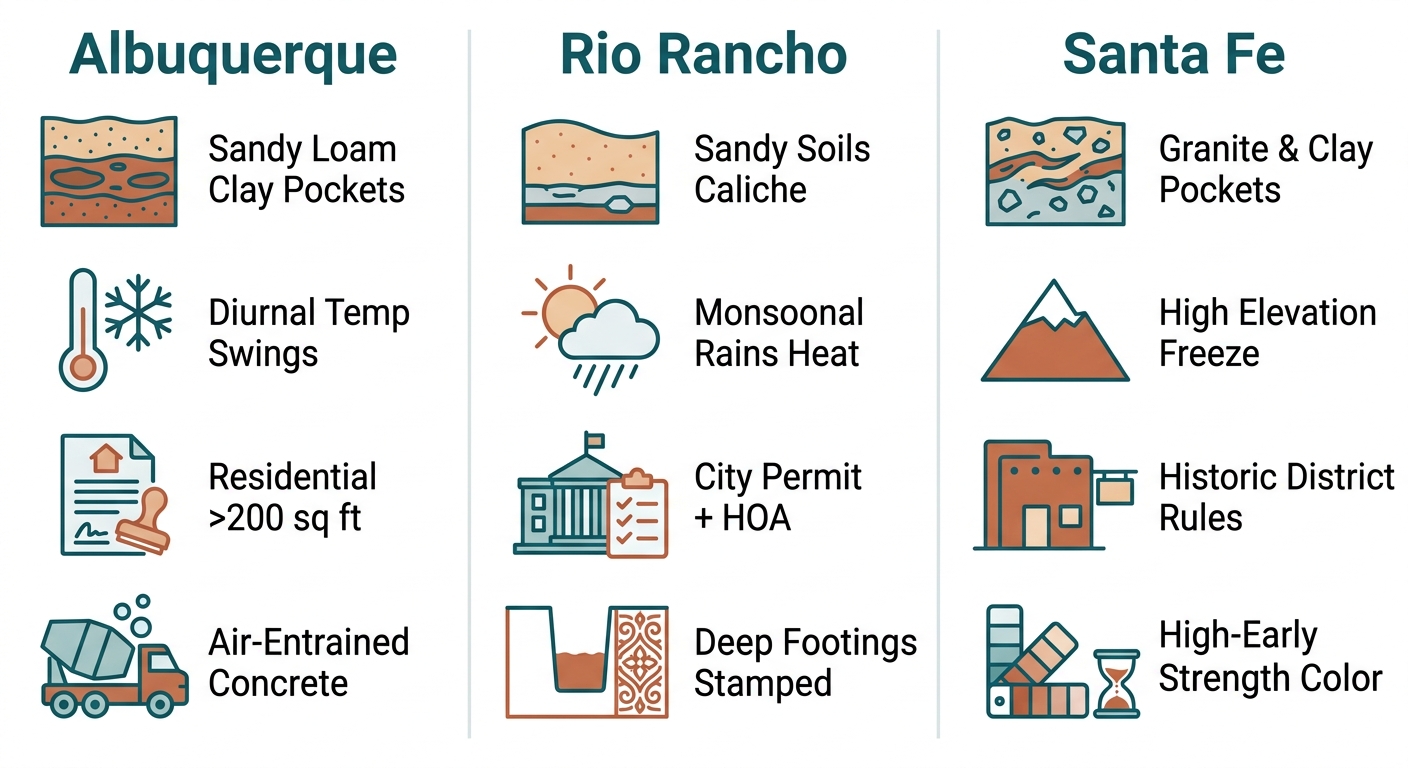 Infographic with three equal columns comparing concrete construction challenges across Albuquerque, Rio Rancho, and Santa Fe, each with a city header and four flat outline icons with labels.