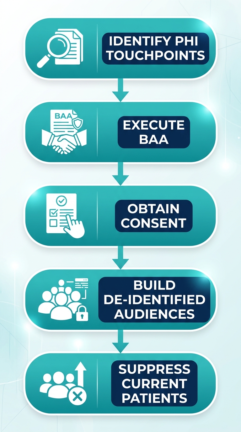 Vertical process flow showing five connected stages of HIPAA compliant lead generation: Identify PHI Touchpoints, Execute BAA, Obtain Consent, Build De-identified Audiences, and Suppress Current Patients, linked by downward arrows.