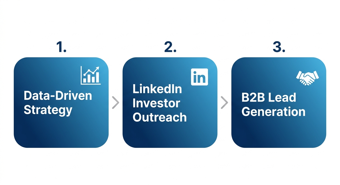 Three-stage process flow for pharmaceutical marketing campaign in Dallas: Data-Driven Strategy, LinkedIn Investor Outreach, B2B Lead Generation.
