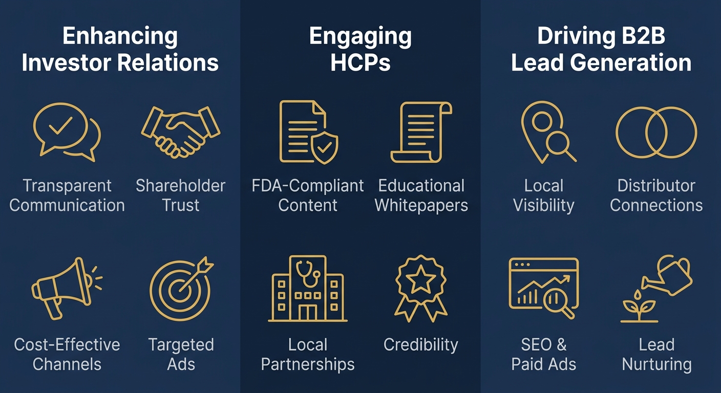 Infographic with three columns showing how digital marketing benefits small-cap pharma in Dallas: Enhancing Investor Relations, Engaging HCPs, and Driving B2B Lead Generation, each with four icon-labeled items.