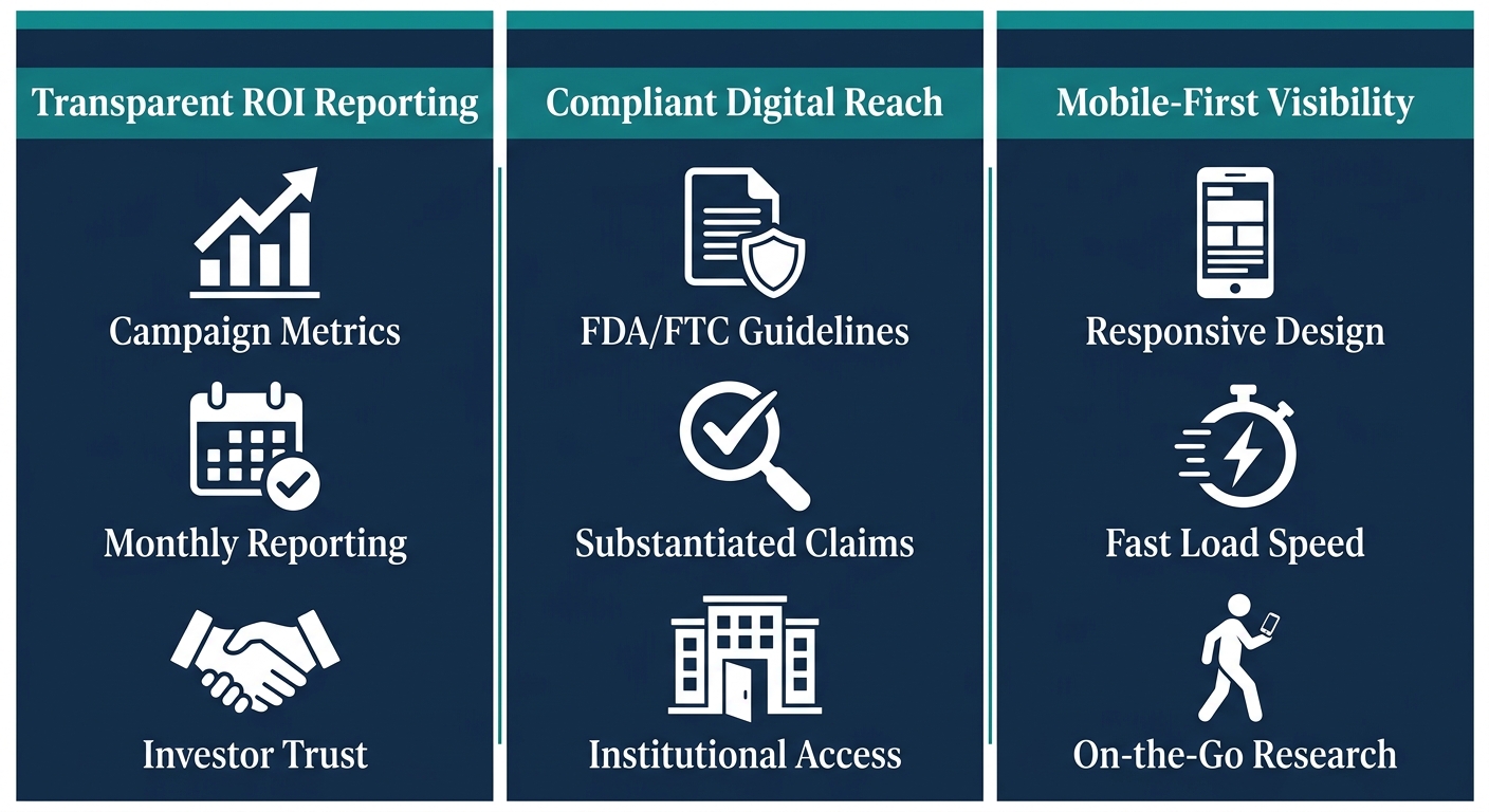 Infographic with three equal columns on a navy blue background: Transparent ROI Reporting, Compliant Digital Reach, and Mobile-First Visibility, each with three white icons and serif labels beneath them