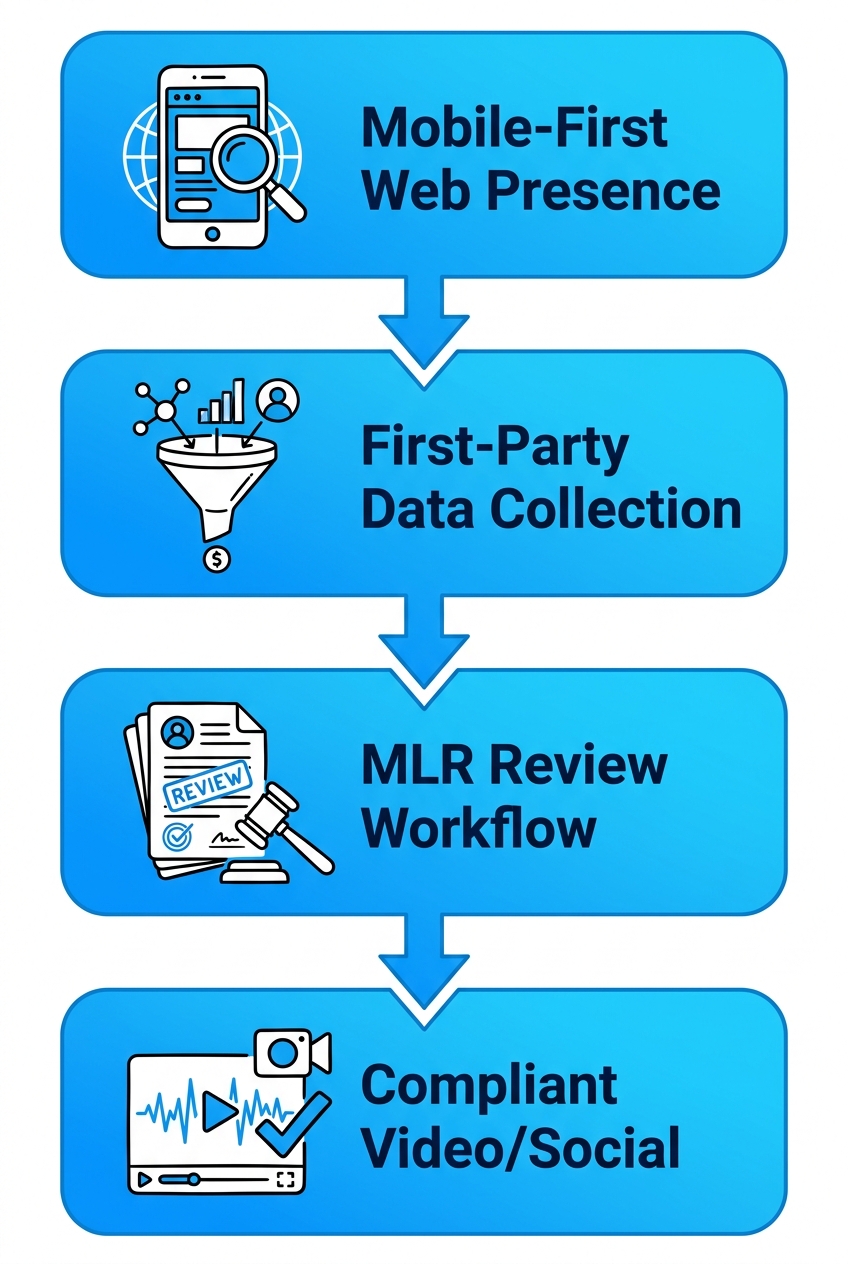 Vertical process flow diagram showing four blue rounded-rectangle steps connected by downward arrows for implementing a mobile-first marketing strategy at Patriot Pulse Digital.