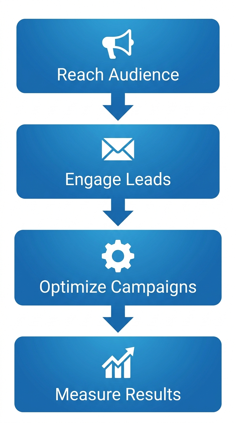 Vertical flow of four blue rounded rectangles connected by downward arrows, each with a white icon -- bullhorn, email, gear, rising chart -- and labels 'Reach Audience', 'Engage Leads', 'Optimize Campaigns', 'Measure Results'.