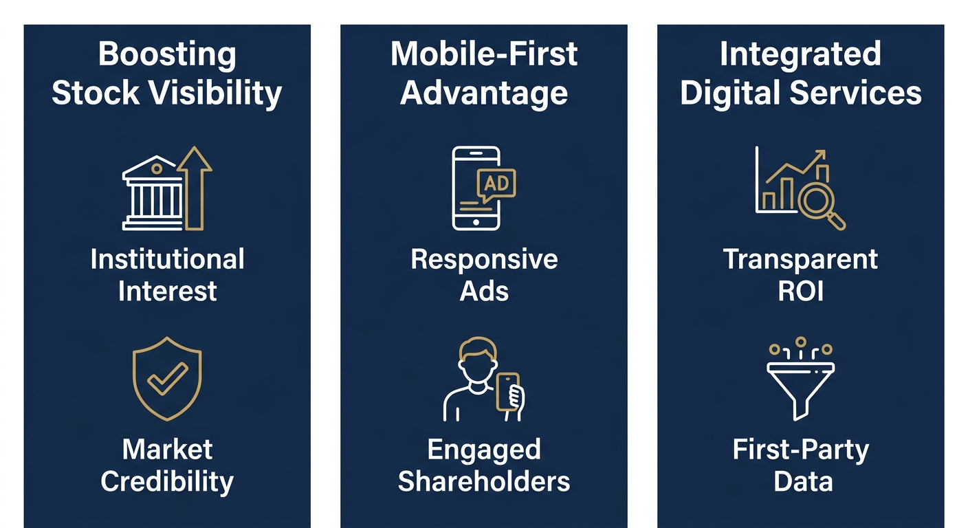 Infographic with three columns titled Boosting Stock Visibility, Mobile-First Advantage, and Integrated Digital Services, each showing two benefit labels with outlined gold icons on a navy blue background.