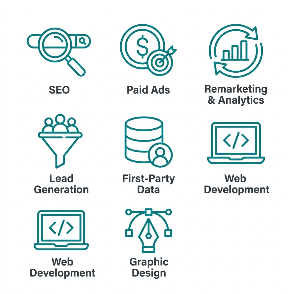 Teal outline icon set on a white background showing seven digital marketing services: SEO, Paid Ads, Remarketing & Analytics, Lead Generation, First-Party Data, Web Development, and Graphic Design, arranged in a 2x4 grid with the bottom-right cell empty.