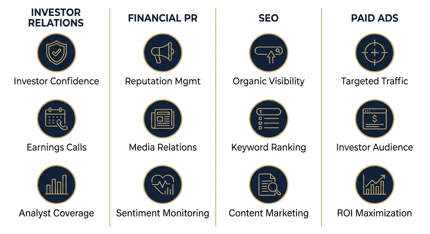 Infographic with four columns for Investor Relations, Financial PR, SEO, and Paid Ads, each with three gold line icons and labels on a dark navy background.