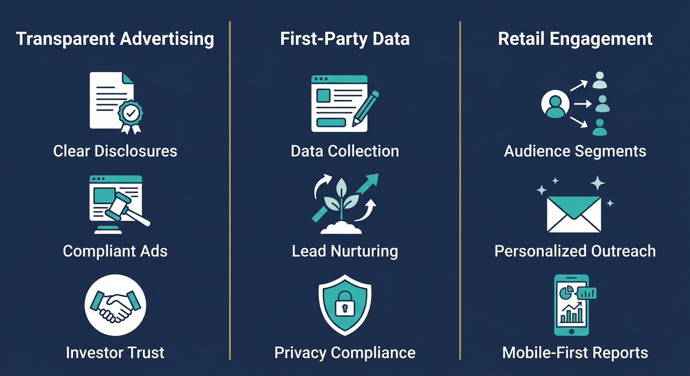 Three-column infographic on a navy background with gold dividers: Transparent Advertising column with icons for Clear Disclosures, Compliant Ads, and Investor Trust; First-Party Data column with icons for Data Collection, Lead Nurturing, and Privacy Compliance; Retail Engagement column with icons for Audience Segments, Personalized Outreach, and Mobile-First Reports.