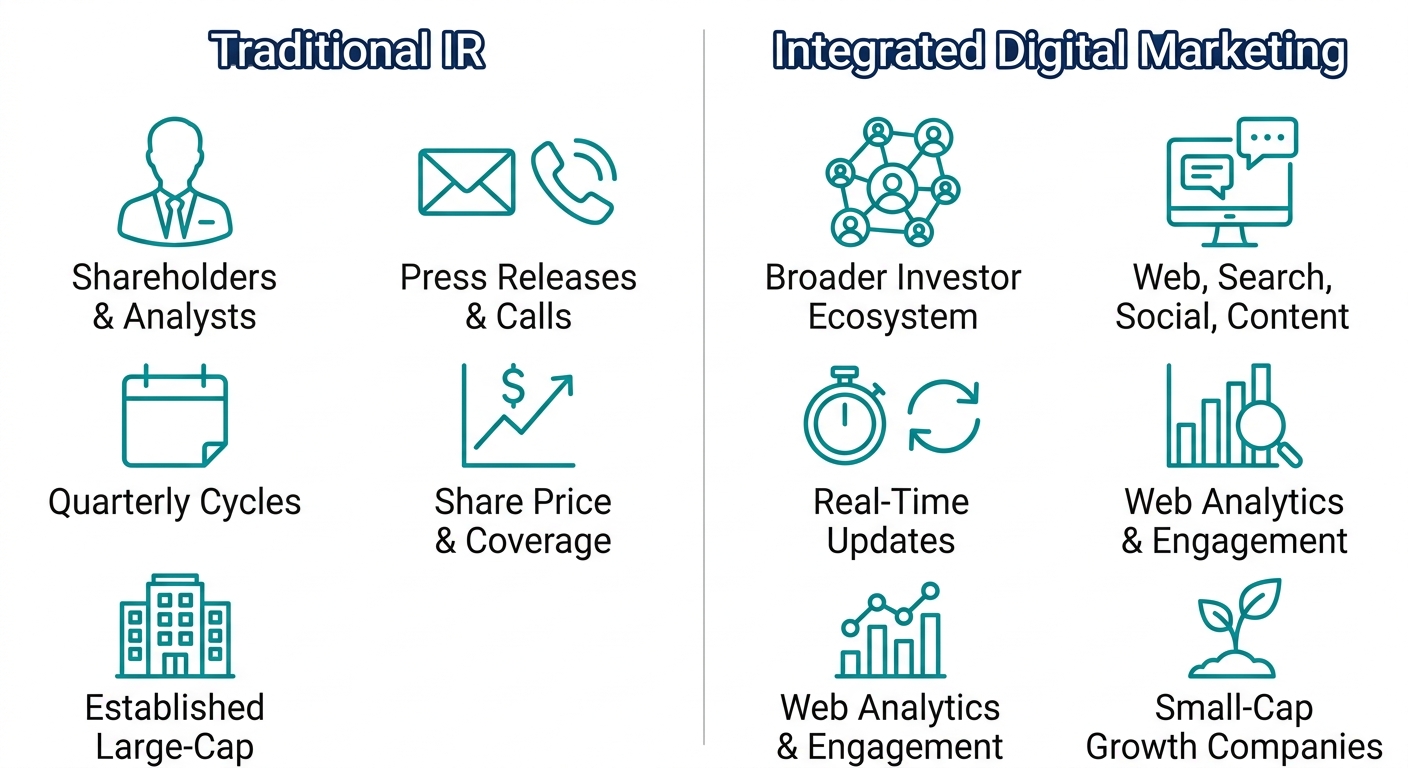 Two-column infographic contrasting Traditional IR with Integrated Digital Marketing, each showing five labeled outline icons for small-cap investor relations