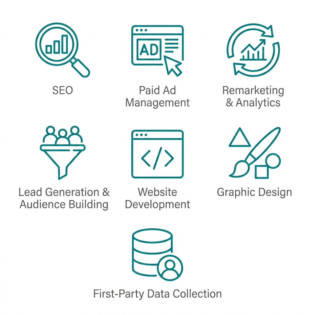 Icon set of seven digital marketing services for public companies, each with a teal outline icon and gray label: SEO, Paid Ad Management, Remarketing & Analytics, Lead Generation & Audience Building, Website Development, Graphic Design, and First-Party Data Collection.