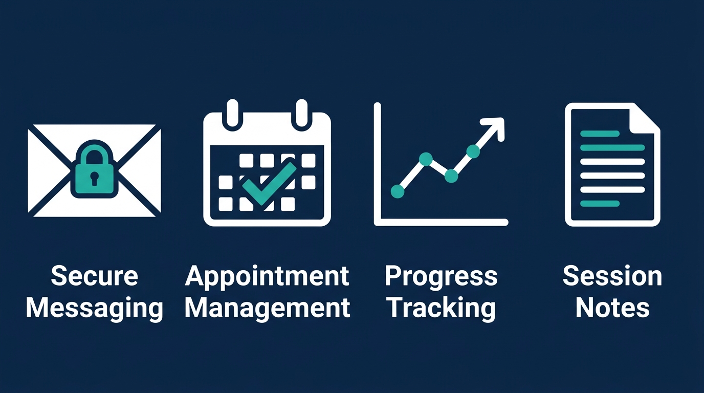 Infographic showing four features of the parent portal: secure messaging, appointment management, progress tracking, and session notes with icons and labels.