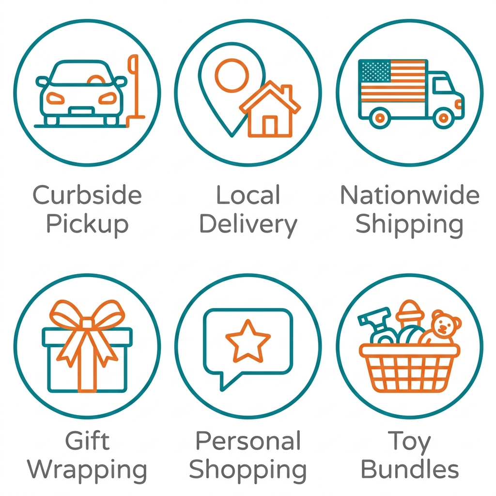 Set of six outline icons representing Funky Monkey Toys services: curbside pickup, local delivery, nationwide shipping, gift wrapping, personal shopping, and toy bundles, in teal and orange on white.