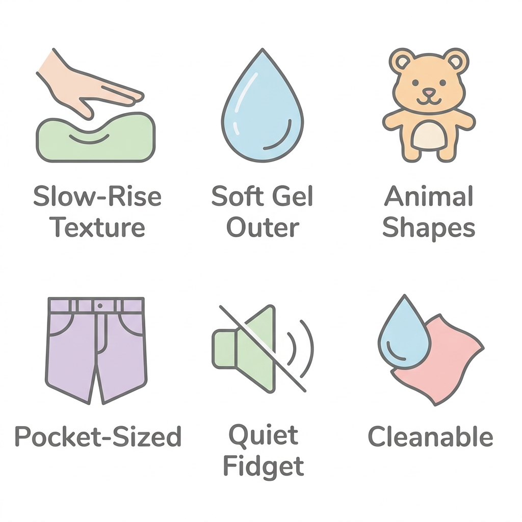 Set of 6 icons showing squishy animal features: slow-rise texture, gel outer, animal shapes, pocket-sized, quiet fidget, and cleanable.