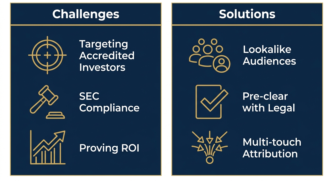Infographic comparing challenges and solutions in digital investor marketing for small-cap companies.