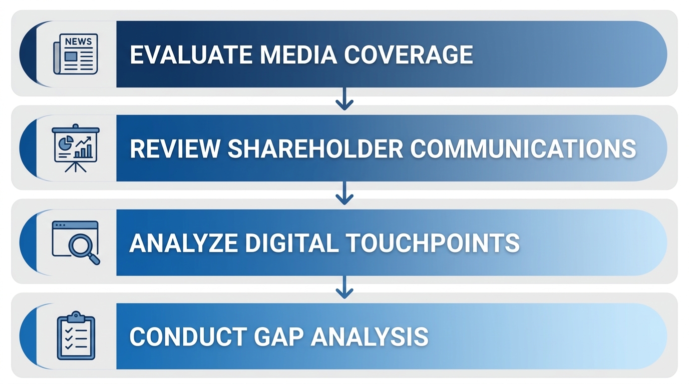 Vertical process flow diagram with four rounded rectangle stages connected by downward arrows, each labeled with icon and text: Evaluate Media Coverage, Review Shareholder Communications, Analyze Digital Touchpoints, Conduct Gap Analysis. Gradient background from deep blue to pale blue.