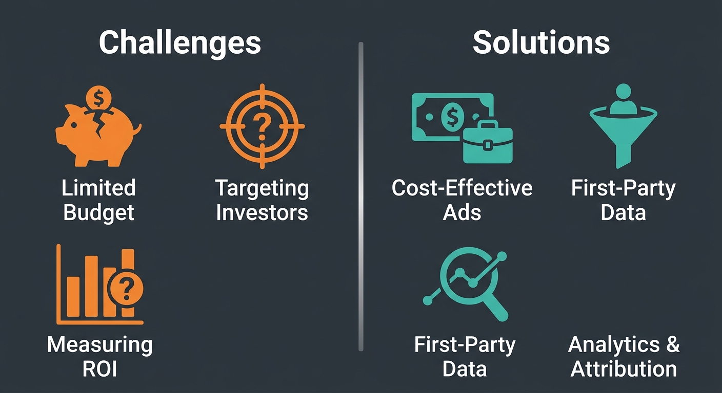Two-column infographic showing common IR marketing challenges with orange icons and their solutions with teal icons on a charcoal background