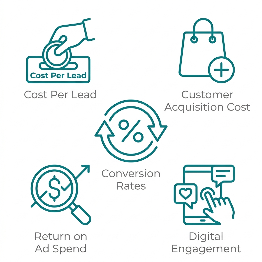 Five metrics icons: Cost Per Lead, Customer Acquisition Cost, Conversion Rates, Return on Ad Spend, Digital Engagement.