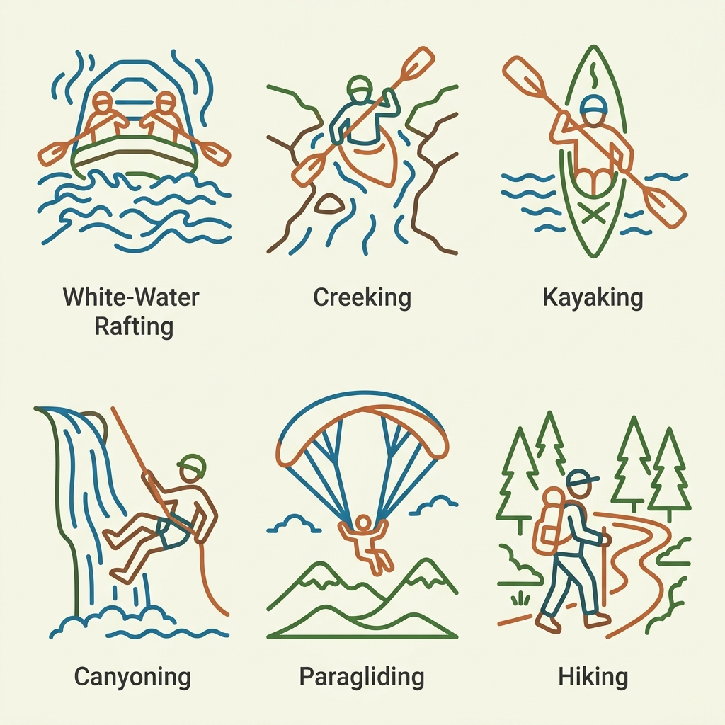 Six outlined flat icons for white-water rafting, creeking, kayaking, canyoning, paragliding, and hiking adventures in Colombia
