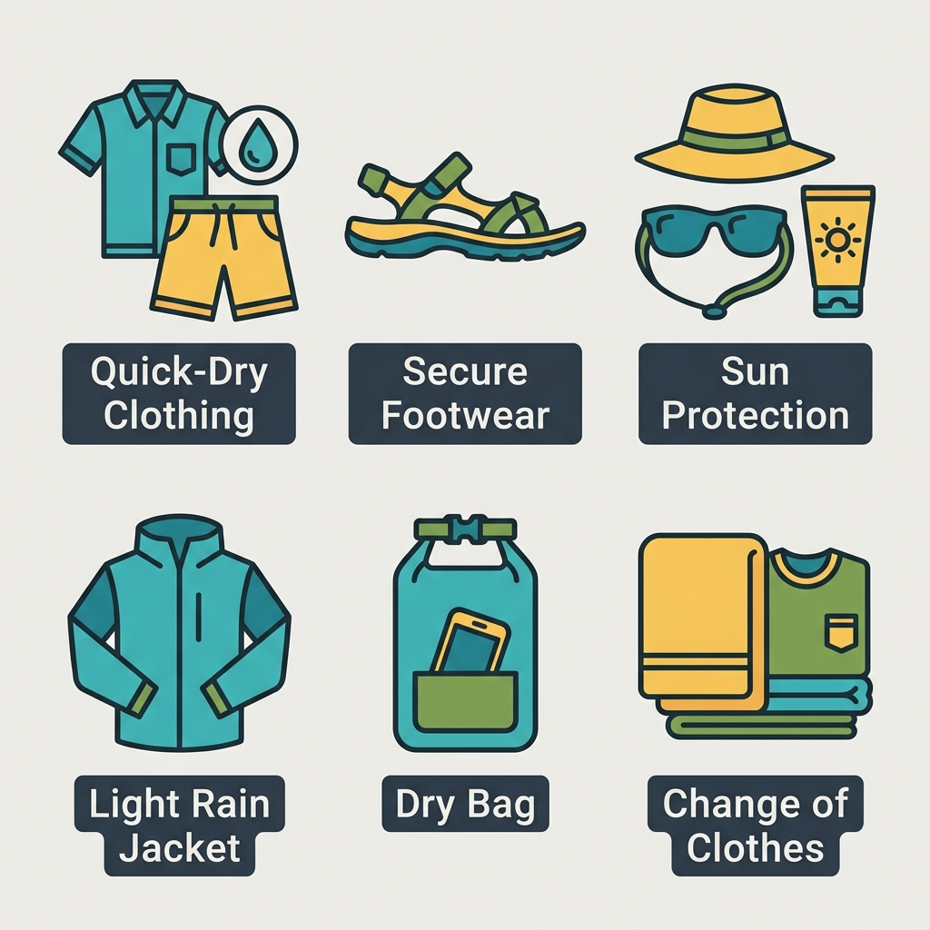 Icon set showing six outlined waterproof river gear items: quick-dry clothing, secure footwear, sun protection, light rain jacket, dry bag, and change of clothes on a light neutral background.