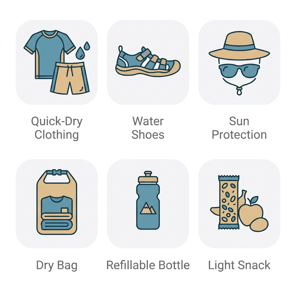 Flat icon set showing six kayaking trip essentials -- quick-dry clothing, water shoes, sun protection, dry bag, refillable bottle, and light snack -- each labeled on a white background.