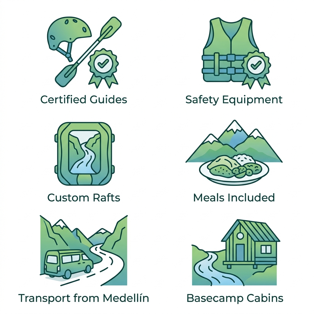 Icon set of six rafting tour inclusions: certified guides, safety equipment, custom rafts, meals included, transport from Medellín, and basecamp cabins.