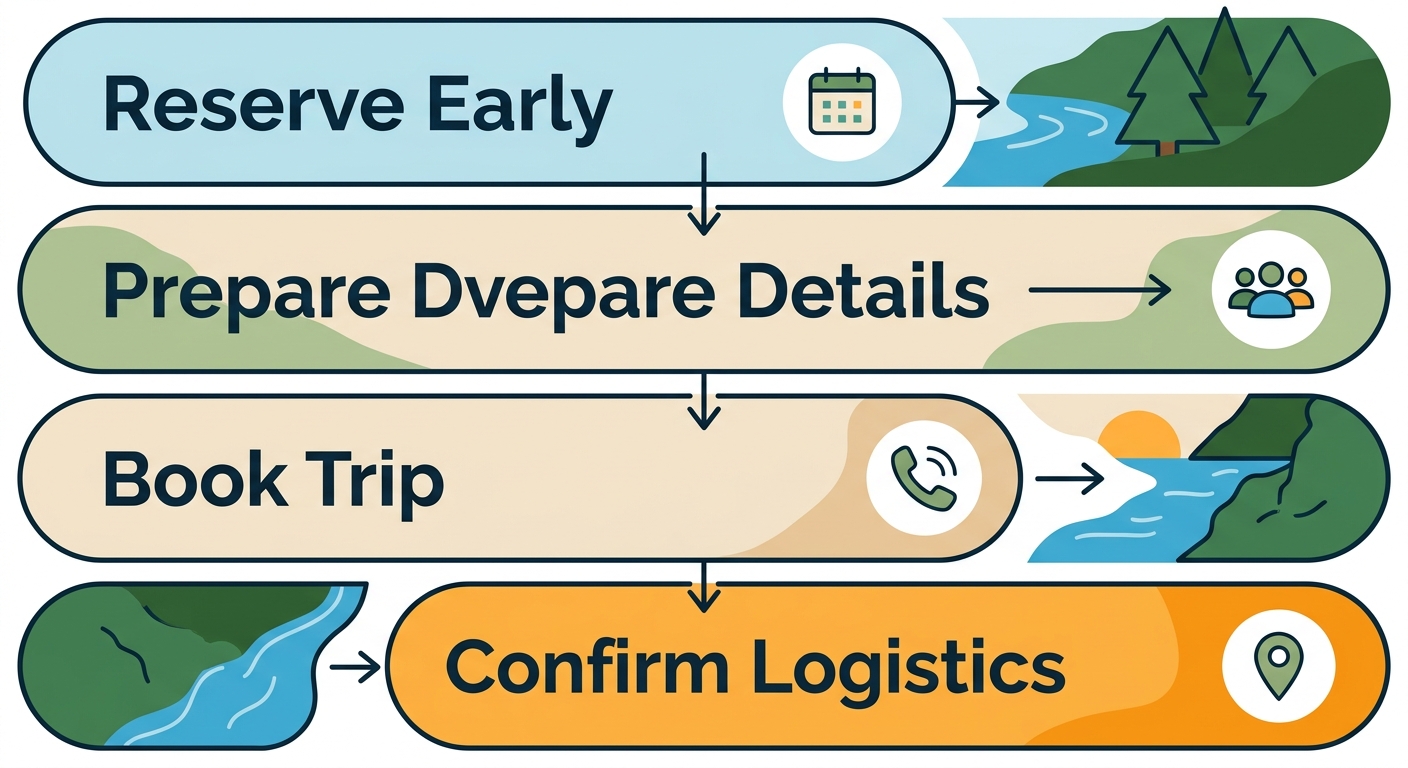 Vertical process flow showing four steps to book a Rio Santo Domingo rafting tour: reserve early, prepare details, book, and confirm logistics.
