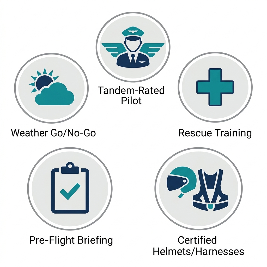 Flat icon set on a white background with teal and navy safety symbols: pilot with wing, first-aid cross, helmet and harness, clipboard with check mark, and sun behind cloud