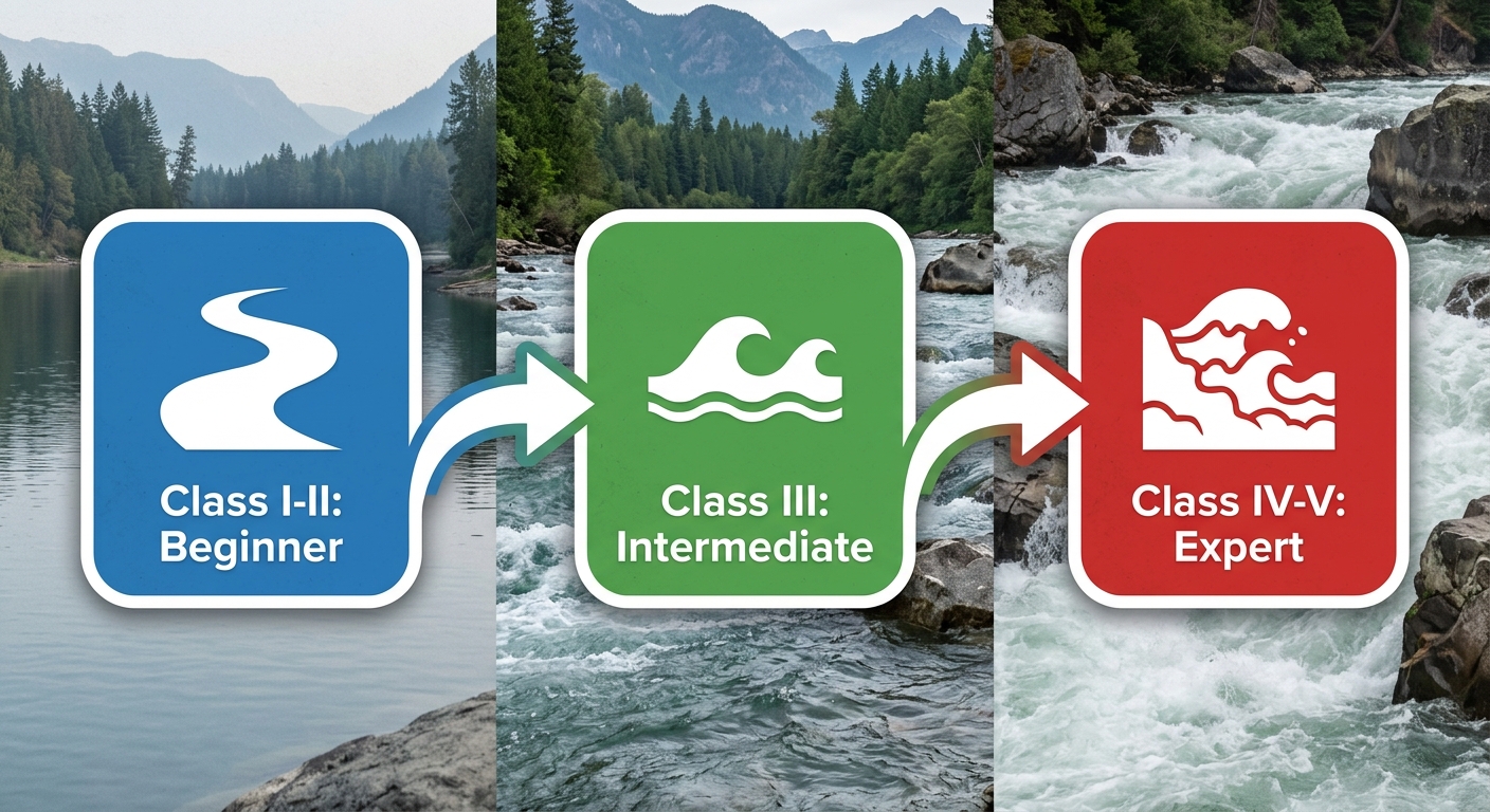Horizontal process flow showing three river difficulty stages from Class I-II Beginner through Class III Intermediate to Class IV-V Expert